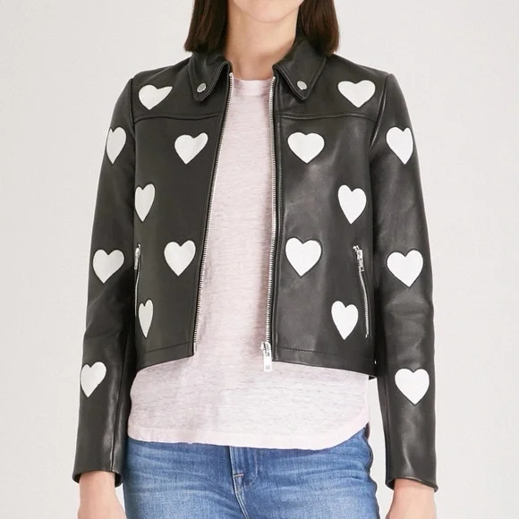 Maje Black Leather Jacket with White Heart Accents - Picture 6 of 6